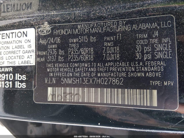 46070384 :رقم المزاد ، 5NMSH13EX7H027862 vin ، 2007 Hyundai Santa Fe Limited/se مزاد بيع