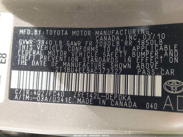 2010 Toyota Corolla Le მანქანა იყიდება აუქციონზე, vin: 2T1BU4EE9AC373327, აუქციონის ნომერი: 46070390
