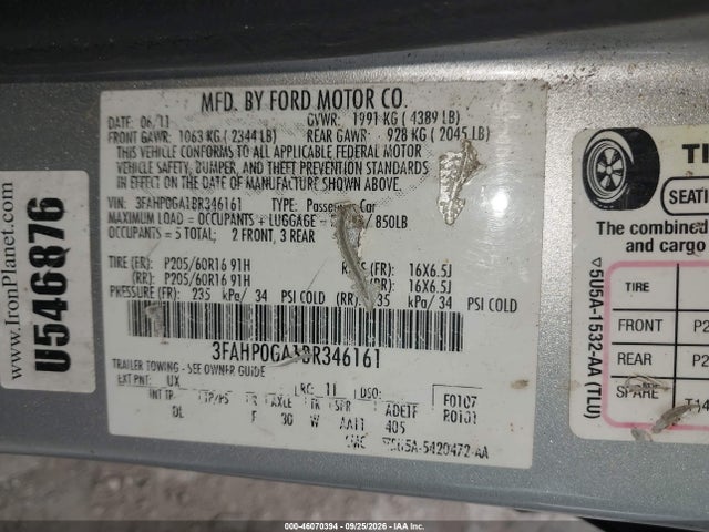 Продаж на аукціоні авто 2011 Ford Fusion S, vin: 3FAHP0GA1BR346161, номер лоту: 46070394