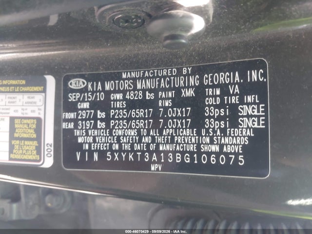 2011 Kia Sorento Lx მანქანა იყიდება აუქციონზე, vin: 5XYKT3A13BG106075, აუქციონის ნომერი: 46070429