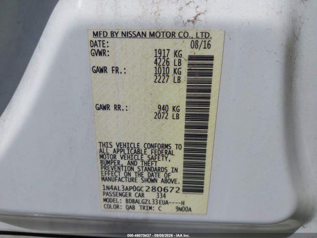 Продаж на аукціоні авто 2016 Nissan Altima 2.5 S, vin: 1N4AL3AP0GC280672, номер лоту: 46070437