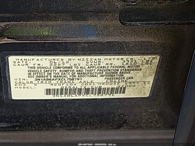 Продажа на аукционе авто 2012 Nissan Sentra 2.0 Sr, vin: 3N1AB6APXCL758791, номер лота: 46070441