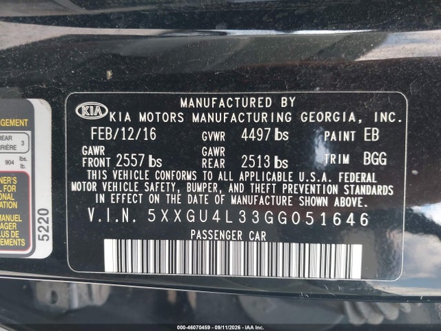 46070459 :رقم المزاد ، 5XXGU4L33GG051646 vin ، 2016 Kia Optima Ex مزاد بيع
