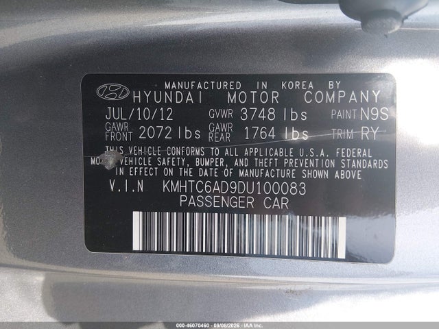 46070460 :رقم المزاد ، KMHTC6AD9DU100083 vin ، 2013 Hyundai Veloster Base W/black مزاد بيع
