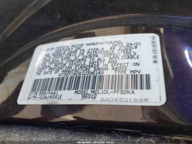 Продаж на аукціоні авто 2001 Toyota Sienna Ce, vin: 4T3ZF19C61U396148, номер лоту: 46070473