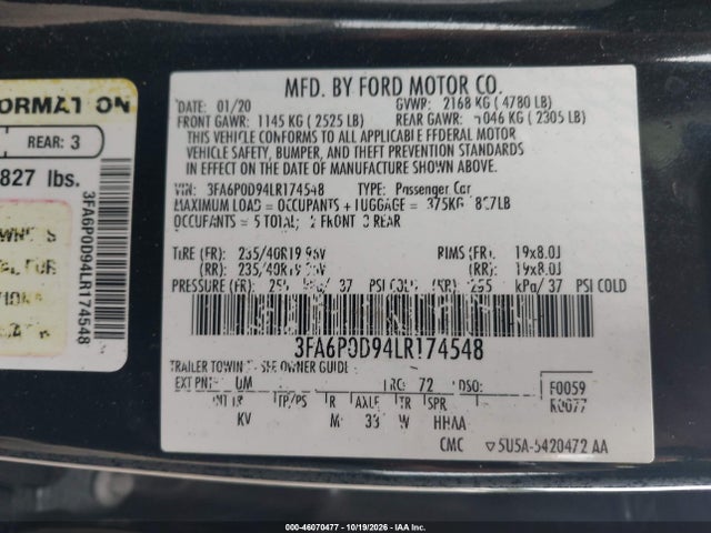 Продажа на аукционе авто 2020 Ford Fusion Titanium, vin: 3FA6P0D94LR174548, номер лота: 46070477