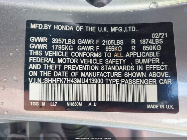 Продаж на аукціоні авто 2021 Honda Civic Sport, vin: SHHFK7H43MU413900, номер лоту: 46070478
