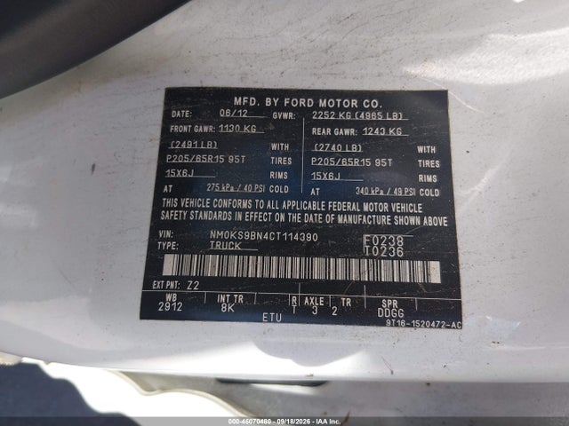 2012 Ford Transit Connect Xlt მანქანა იყიდება აუქციონზე, vin: NM0KS9BN4CT114390, აუქციონის ნომერი: 46070480