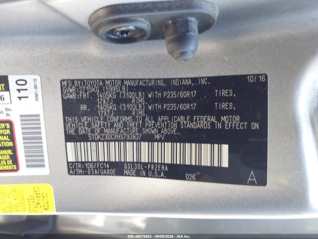 Aukcja sprzedaży 2017 Toyota Sienna Le 8 Passenger, vin: 5TDKZ3DCXHS793837, numer aukcji: 46070483