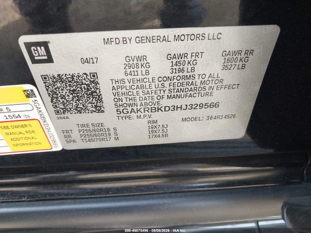 2017 Buick Enclave მანქანა იყიდება აუქციონზე, vin: 5GAKRBKD3HJ329566, აუქციონის ნომერი: 46070496