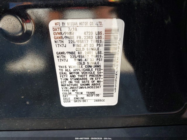 46070505 :رقم المزاد ، JN8AT2MV4JW352367 vin ، 2018 Nissan Rogue Sv مزاد بيع