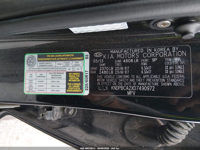 46070513 :رقم المزاد ، KNDPBCA2XD7490972 vin ، 2013 Kia Sportage Lx مزاد بيع