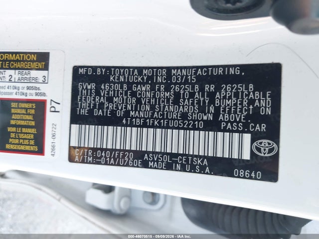 46070515 :رقم المزاد ، 4T1BF1FK1FU052210 vin ، 2015 Toyota Camry Se مزاد بيع