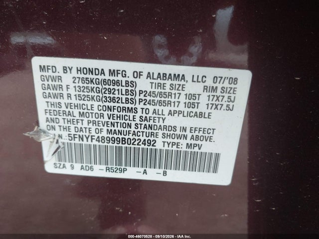 Aukcja sprzedaży 2009 Honda Pilot Touring, vin: 5FNYF48999B022492, numer aukcji: 46070528