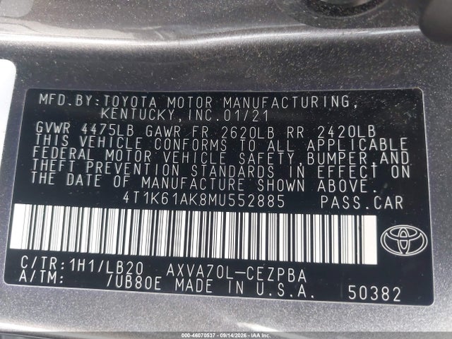 46070537 :رقم المزاد ، 4T1K61AK8MU552885 vin ، 2021 Toyota Camry Xse مزاد بيع