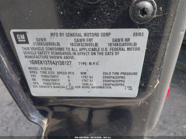 46070538 :رقم المزاد ، 1GNEK13T64J138127 vin ، 2004 Chevrolet Tahoe Lt مزاد بيع