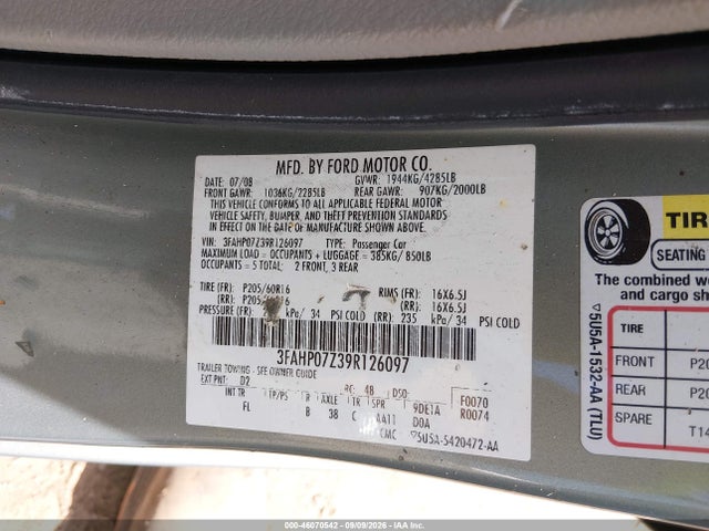 46070542 :رقم المزاد ، 3FAHP07Z39R126097 vin ، 2009 Ford Fusion Se مزاد بيع