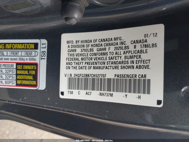 46070547 :رقم المزاد ، 2HGFG3B87CH527707 vin ، 2012 Honda Civic Ex مزاد بيع