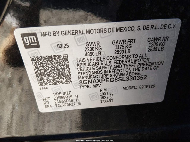 46070549 :رقم المزاد ، 3GNAXPEG8SL330352 vin ، 2025 Chevrolet Equinox Awd Lt مزاد بيع