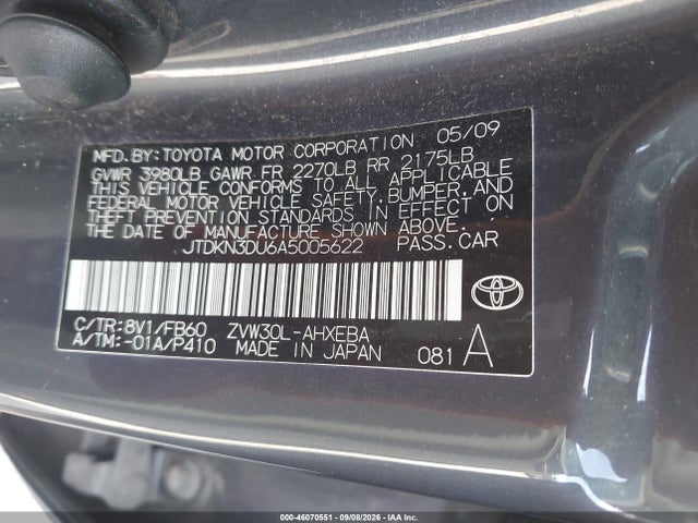 46070551 :رقم المزاد ، JTDKN3DU6A5005622 vin ، 2010 Toyota Prius Ii مزاد بيع