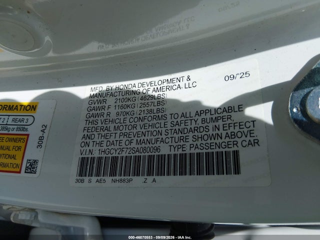 46070553 :رقم المزاد ، 1HGCY2F72SA080096 vin ، 2025 Honda Accord Hybrid Sport-l مزاد بيع