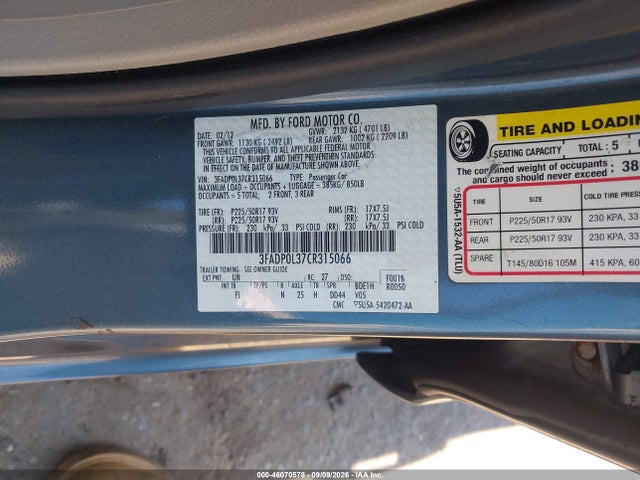Auction sale of the 2012 Ford Fusion Hybrid, vin: 3FADP0L37CR315066, lot number: 46070578