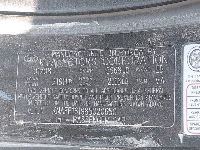 Auction sale of the 2008 Kia Spectra5 Sx, vin: KNAFE161985020650, lot number: 46070585
