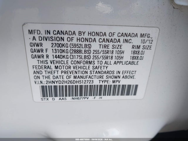 Auction sale of the 2013 Acura Mdx, vin: 2HNYD2H26DH512723, lot number: 46070588