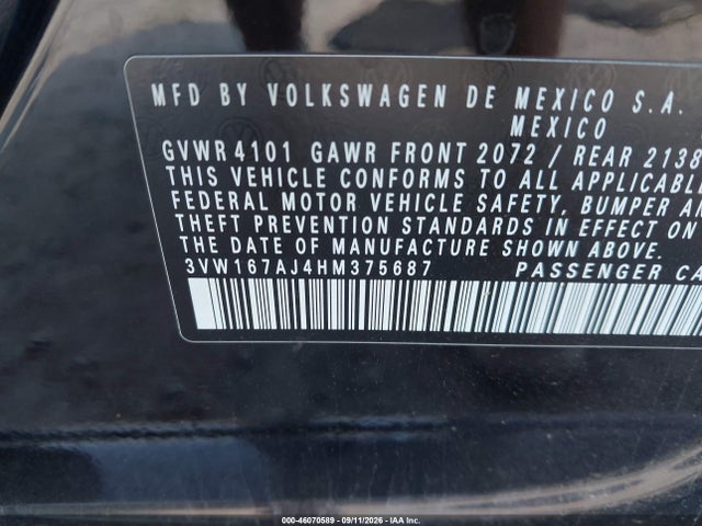 2017 Volkswagen Jetta 1.4t S მანქანა იყიდება აუქციონზე, vin: 3VW167AJ4HM375687, აუქციონის ნომერი: 46070589
