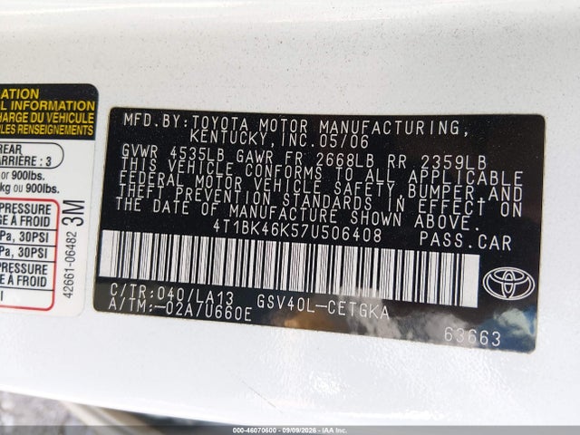 2007 Toyota Camry Xle V6 მანქანა იყიდება აუქციონზე, vin: 4T1BK46K57U506408, აუქციონის ნომერი: 46070600