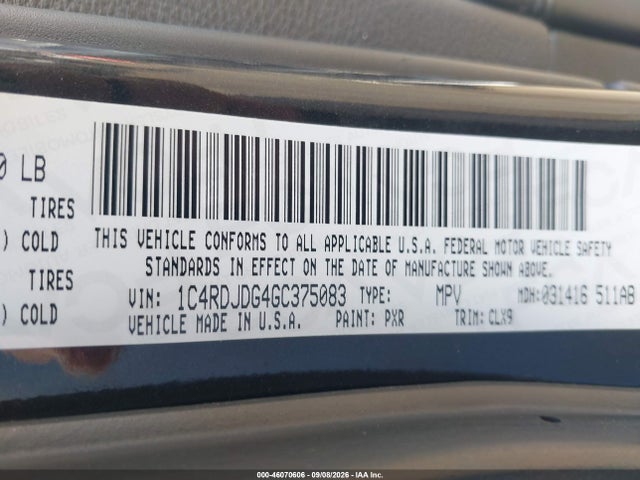 Продаж на аукціоні авто 2016 Dodge Durango Limited, vin: 1C4RDJDG4GC375083, номер лоту: 46070606