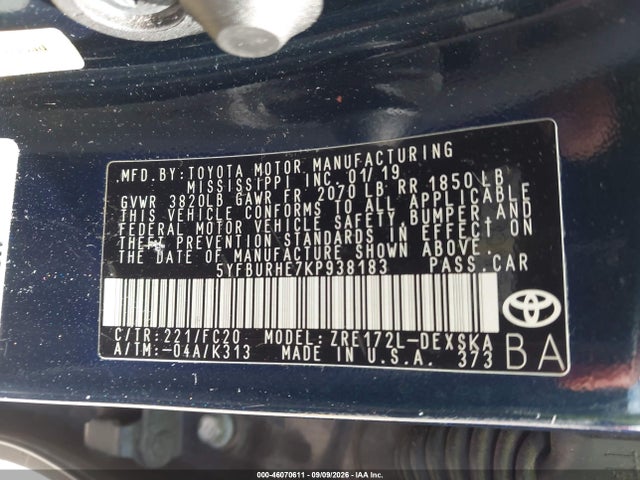 2019 Toyota Corolla Se მანქანა იყიდება აუქციონზე, vin: 5YFBURHE7KP938183, აუქციონის ნომერი: 46070611