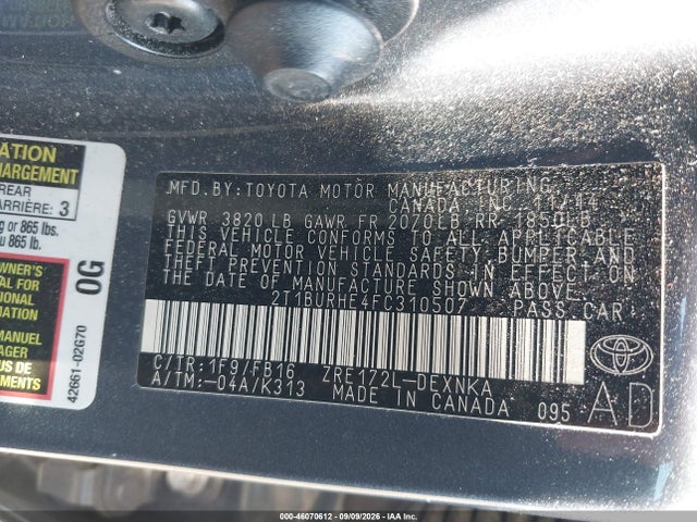 Продажа на аукционе авто 2015 Toyota Corolla Le, vin: 2T1BURHE4FC310507, номер лота: 46070612