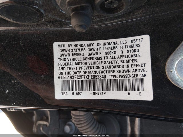 2017 Honda Civic Ex მანქანა იყიდება აუქციონზე, vin: 19XFC2F7XHE052840, აუქციონის ნომერი: 46070619