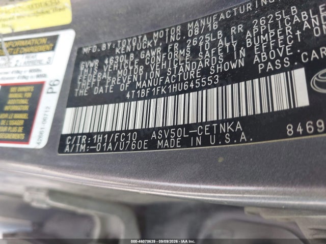Aukcja sprzedaży 2017 Toyota Camry Le, vin: 4T1BF1FK1HU645553, numer aukcji: 46070639