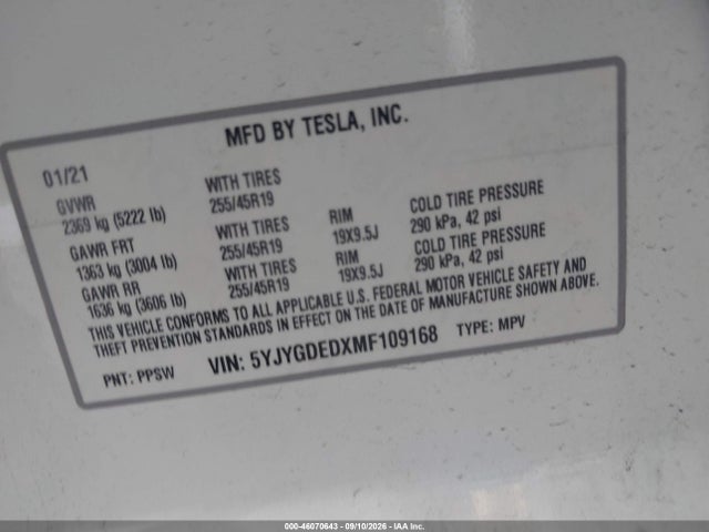 Aukcja sprzedaży 2021 Tesla Model Y Standard Range Rear-wheel Drive, vin: 5YJYGDEDXMF109168, numer aukcji: 46070643