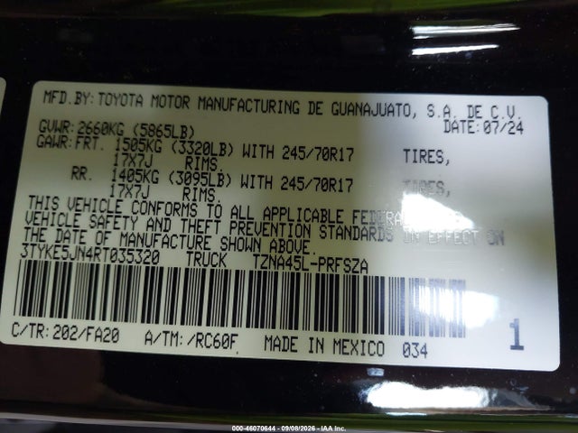 Продажа на аукционе авто 2024 Toyota Tacoma Sr, vin: 3TYKE5JN4RT035320, номер лота: 46070644