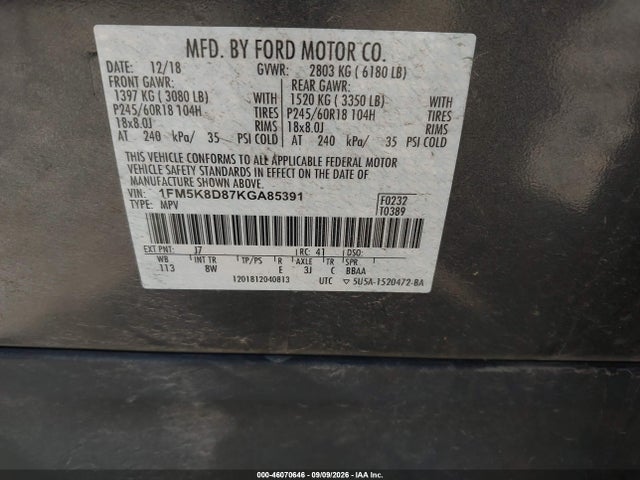 Aukcja sprzedaży 2019 Ford Explorer Xlt, vin: 1FM5K8D87KGA85391, numer aukcji: 46070646