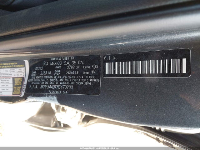 46070651 :رقم المزاد ، 3KPF54ADXNE470233 vin ، 2022 Kia Forte Gt-line مزاد بيع