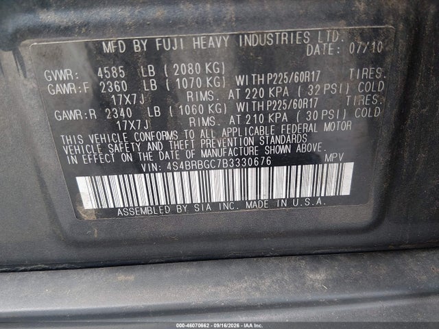 46070662 :رقم المزاد ، 4S4BRBGC7B3330676 vin ، 2011 Subaru Outback 2.5i Premium مزاد بيع