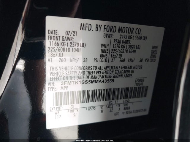 Продажа на аукционе авто 2021 Ford Mustang Mach-e Select, vin: 3FMTK1SS5MMA43565, номер лота: 46070664