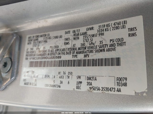 2013 Ford Escape Se მანქანა იყიდება აუქციონზე, vin: 1FMCU0G99DUA80589, აუქციონის ნომერი: 46070668