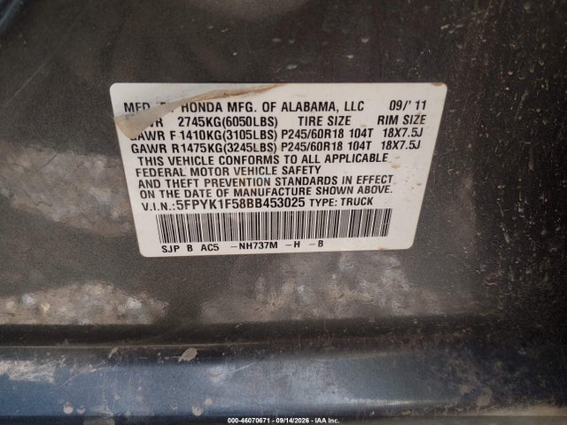 46070671 :رقم المزاد ، 5FPYK1F58BB453025 vin ، 2011 Honda Ridgeline Rtl مزاد بيع