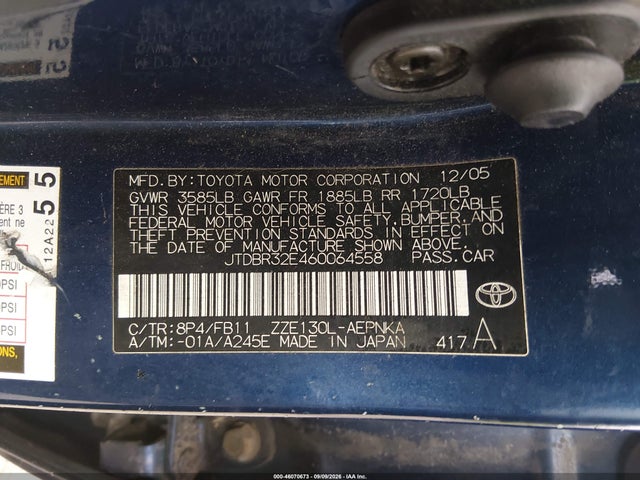 2006 Toyota Corolla Le მანქანა იყიდება აუქციონზე, vin: JTDBR32E460064558, აუქციონის ნომერი: 46070673