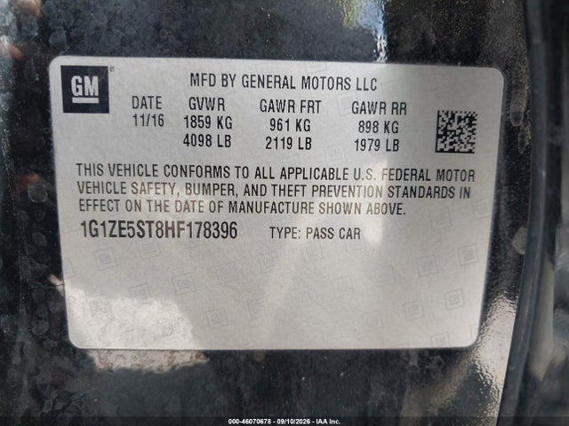 2017 Chevrolet Malibu 1lt მანქანა იყიდება აუქციონზე, vin: 1G1ZE5ST8HF178396, აუქციონის ნომერი: 46070678