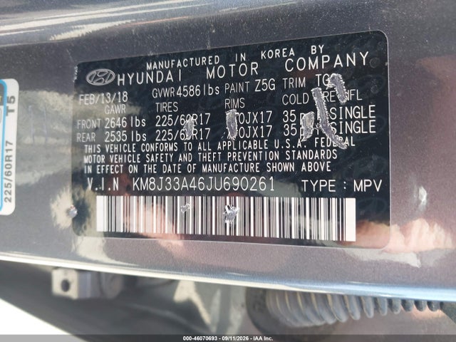 Aukcja sprzedaży 2018 Hyundai Tucson Sel, vin: KM8J33A46JU690261, numer aukcji: 46070693
