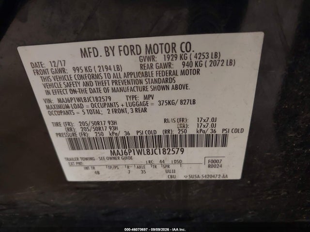 Aukcja sprzedaży 2018 Ford Ecosport Titanium, vin: MAJ6P1WL8JC182579, numer aukcji: 46070697