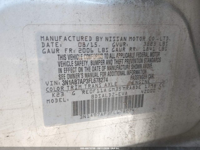 46070709 :رقم المزاد ، 3N1AB7AP3FL678274 vin ، 2015 Nissan Sentra Sv مزاد بيع