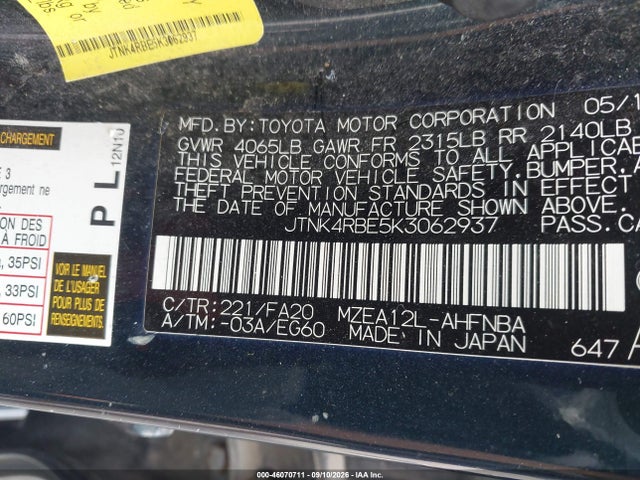 2019 Toyota Corolla Se მანქანა იყიდება აუქციონზე, vin: JTNK4RBE5K3062937, აუქციონის ნომერი: 46070711