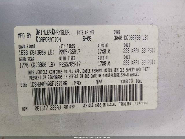 2006 Dodge Durango Slt მანქანა იყიდება აუქციონზე, vin: 1D8HB48N06F187106, აუქციონის ნომერი: 46070713
